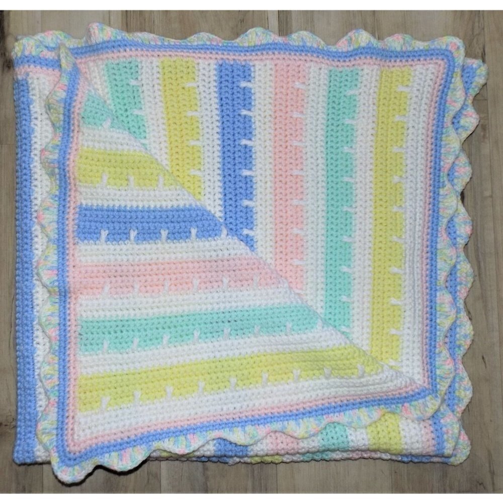 Handmade pastel striped heavyweight afghan crib blanket throw acrylic  52 X 44 i